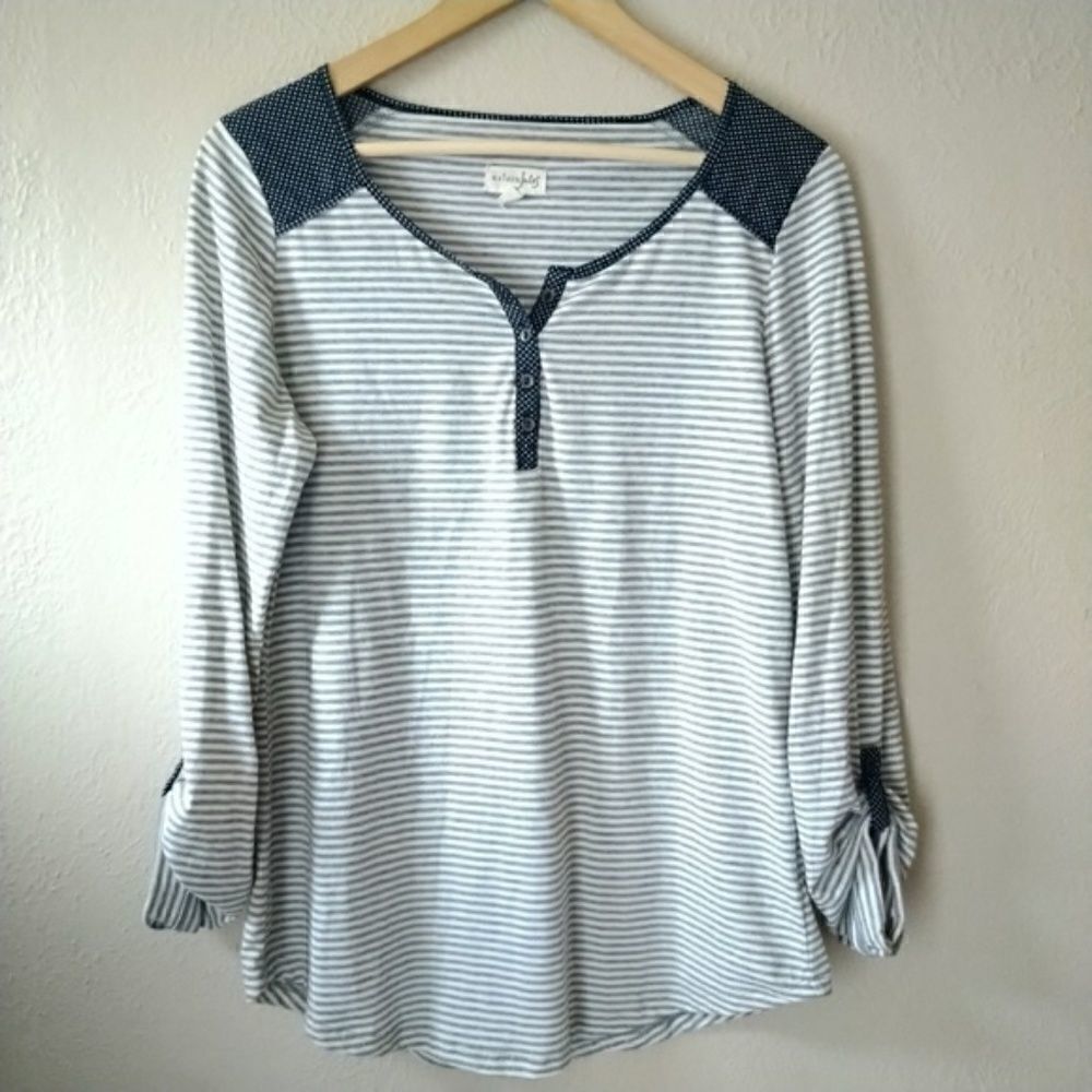 Maison Jules Gray & White Striped Henley Tee - M